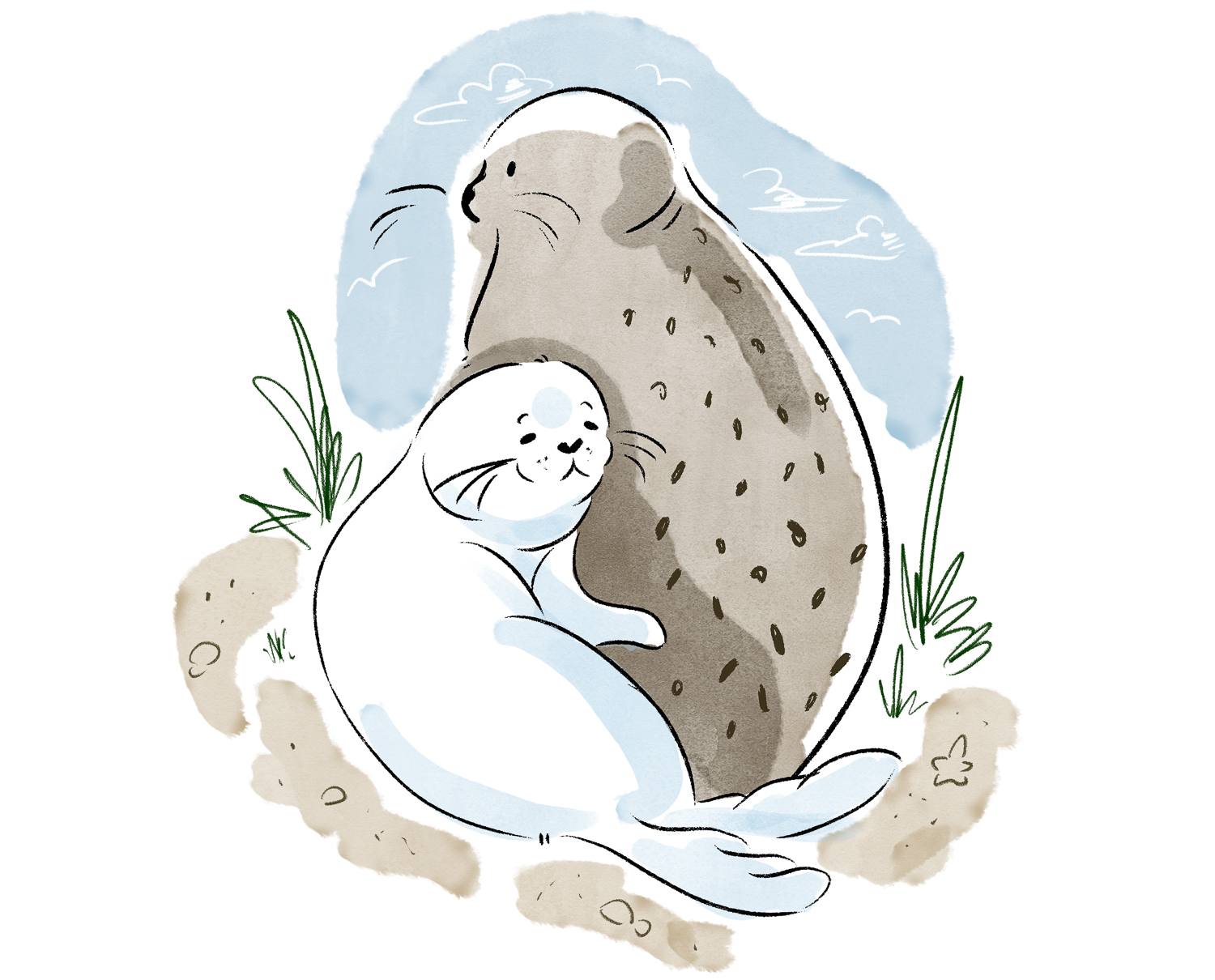 illustration of two snuggling seals.