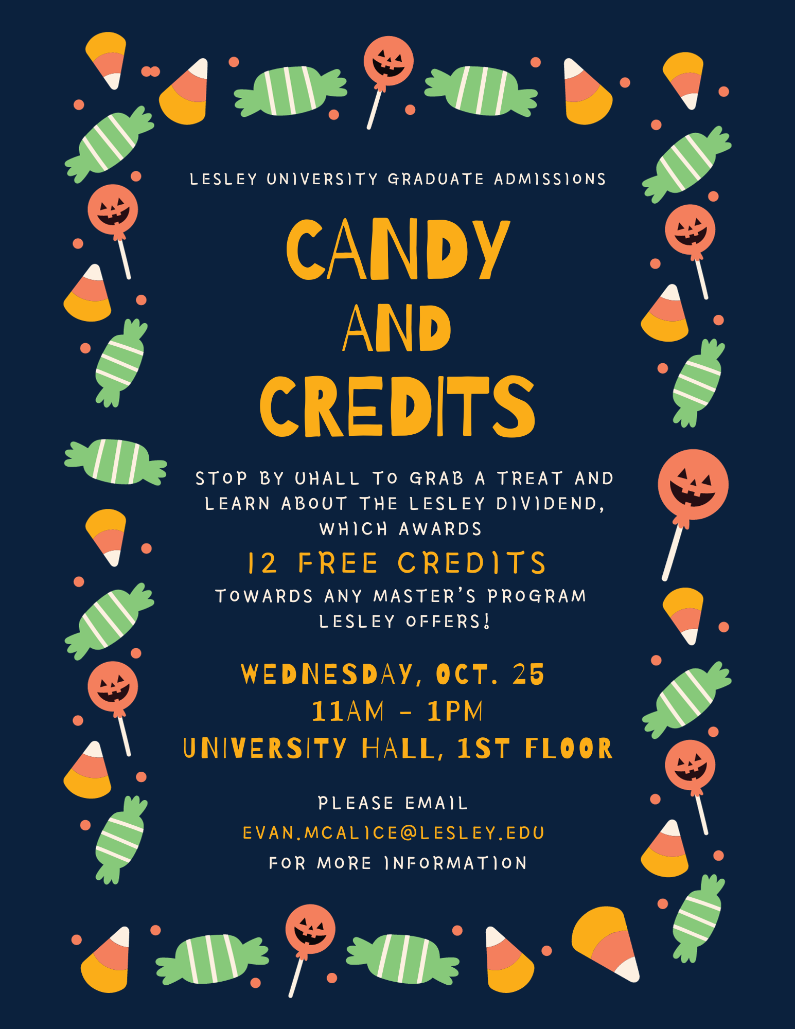 Candy and Credits poster with a dark blue background and border of green and orange candy.