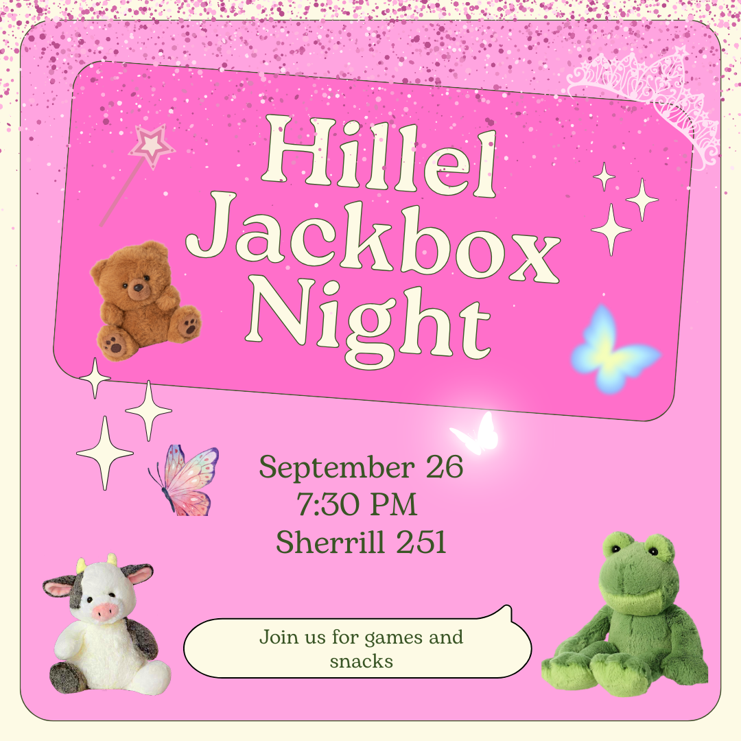 A poster for Hillel Jackbox Night. The back ground is pink, and there are cutouts of stuffed animals pasted to it with white sparkles.