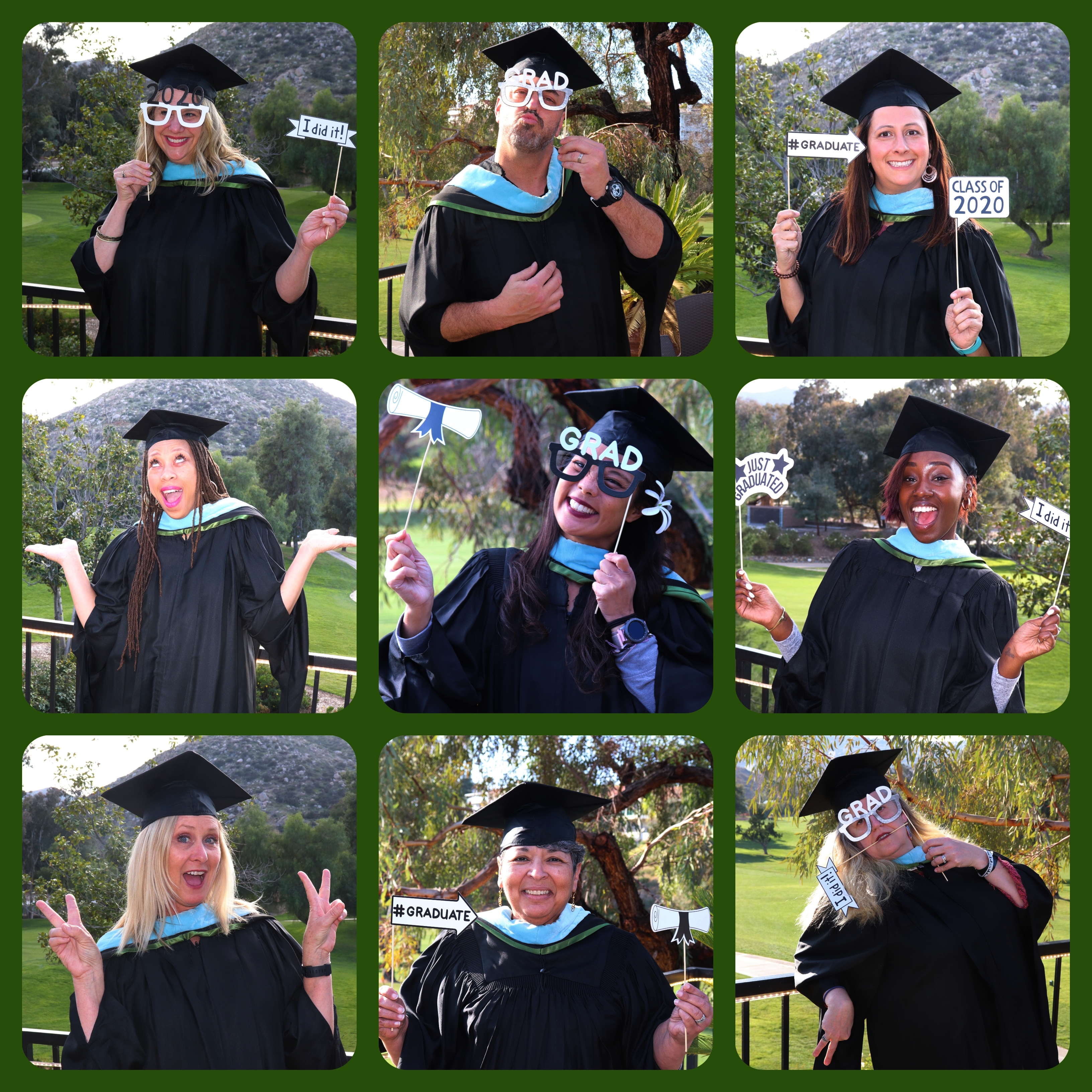 9 photos of graduates in individual locations wearing their cap and gown and holding up signs like "I did it"