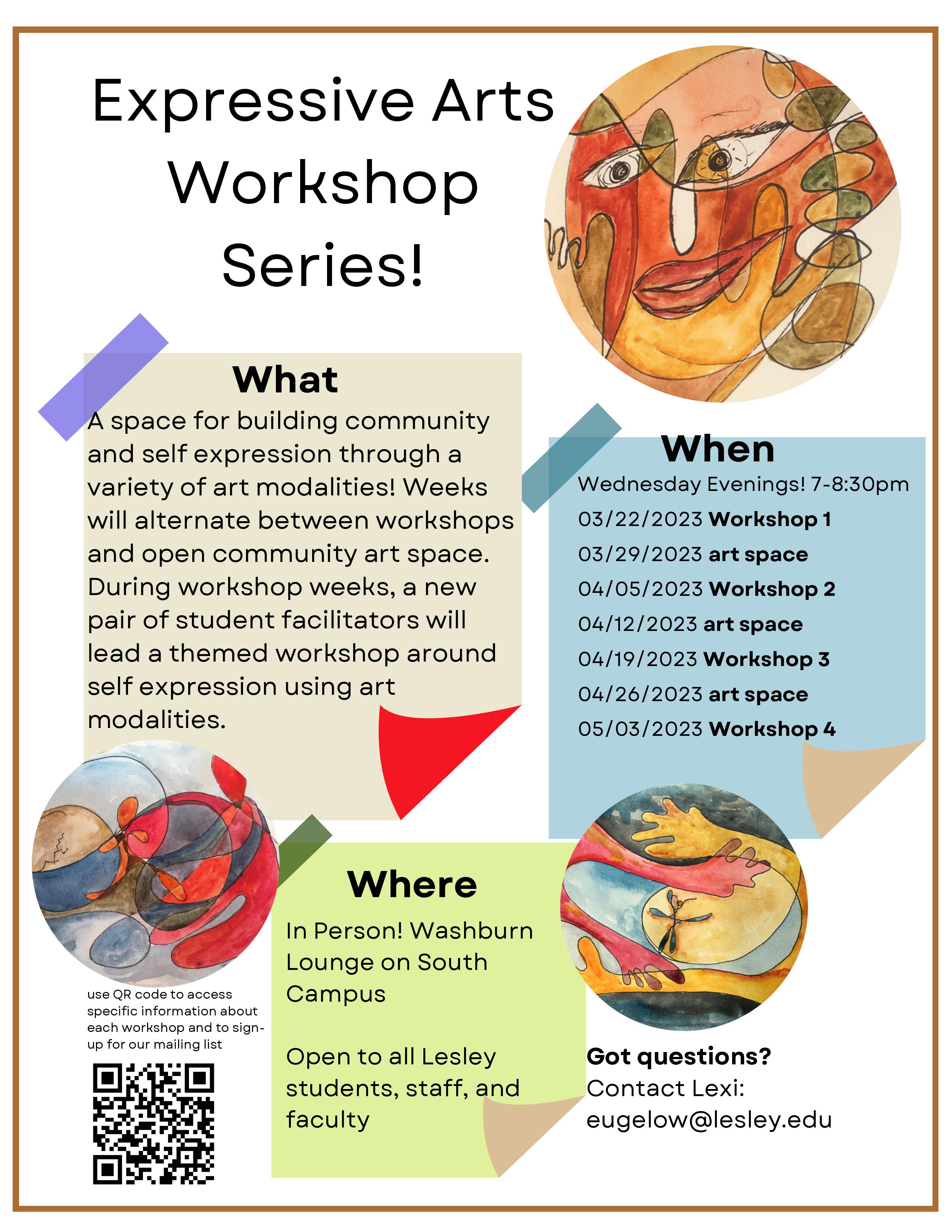 A flyer advertising the Expressive Arts Workshop Series with text boxes with time and place information. 