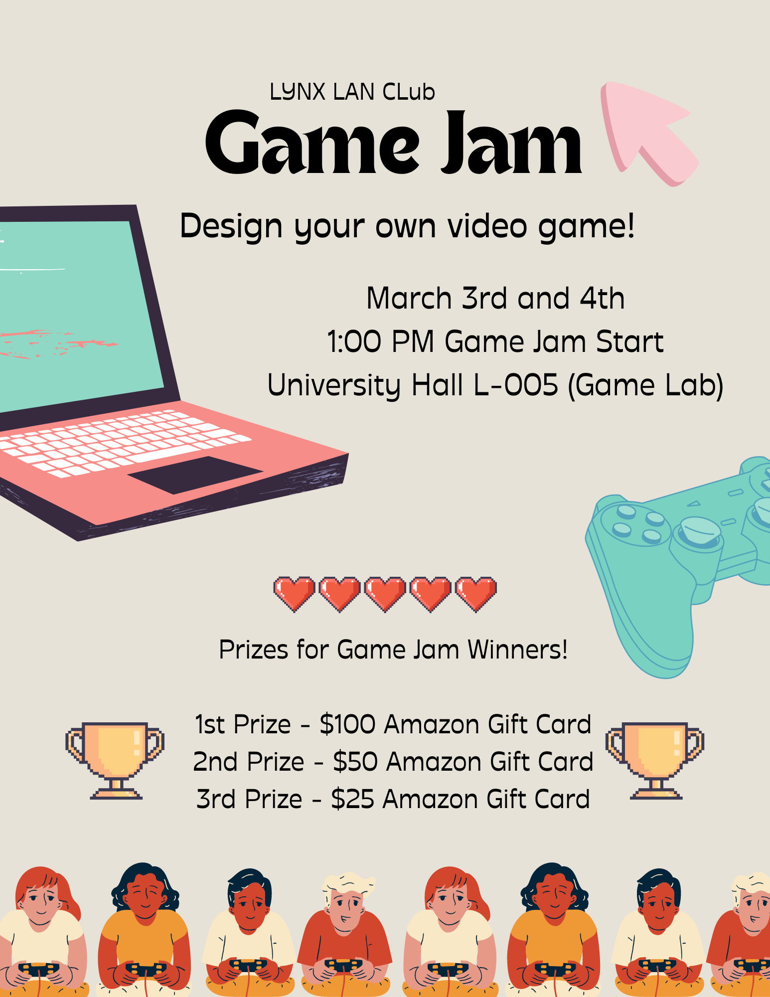 Game Jam Poster with image of a computer and xbox controller. 