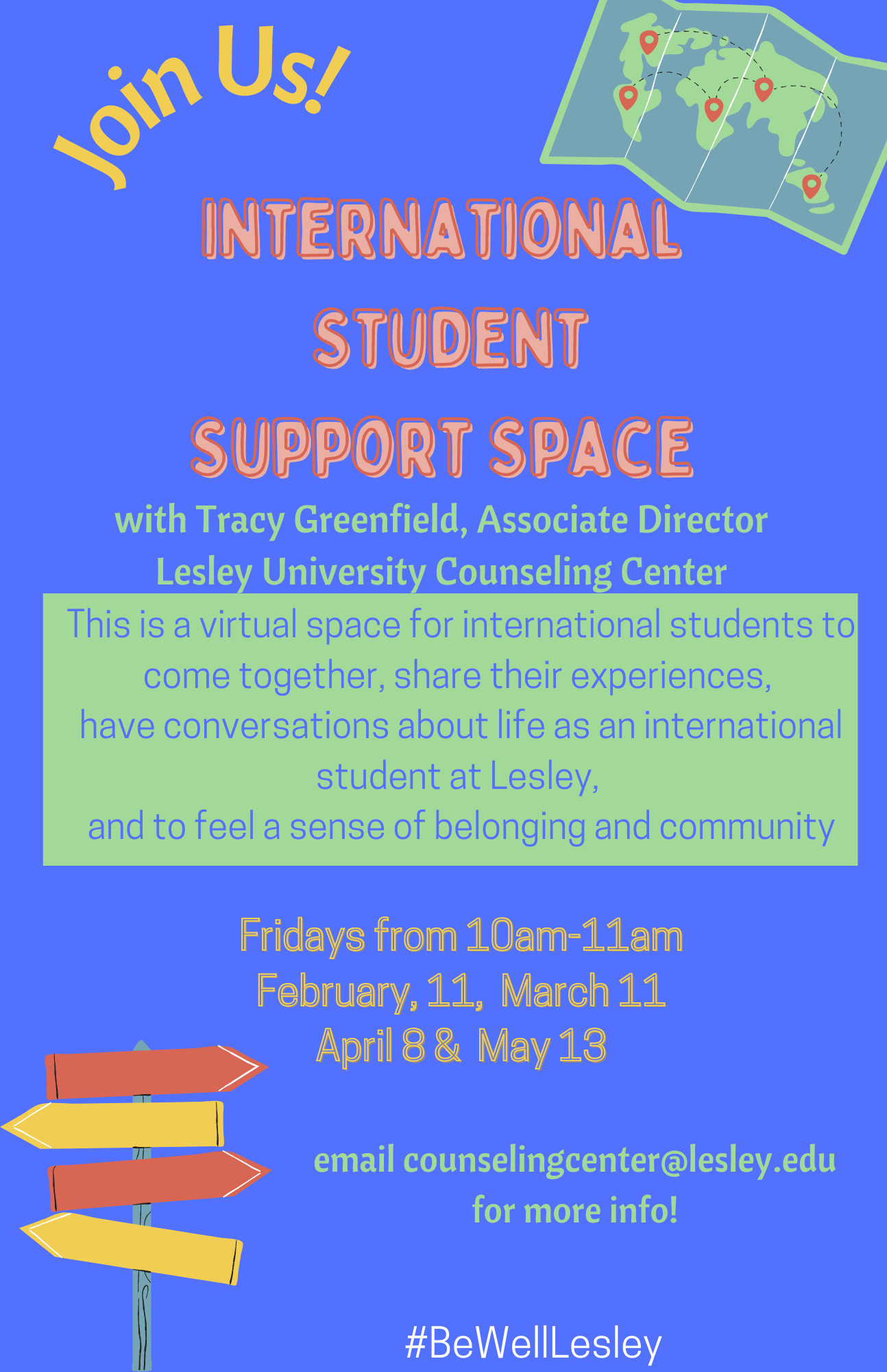 A flyer for the International Student Support Space events for the Spring 2022 semester.