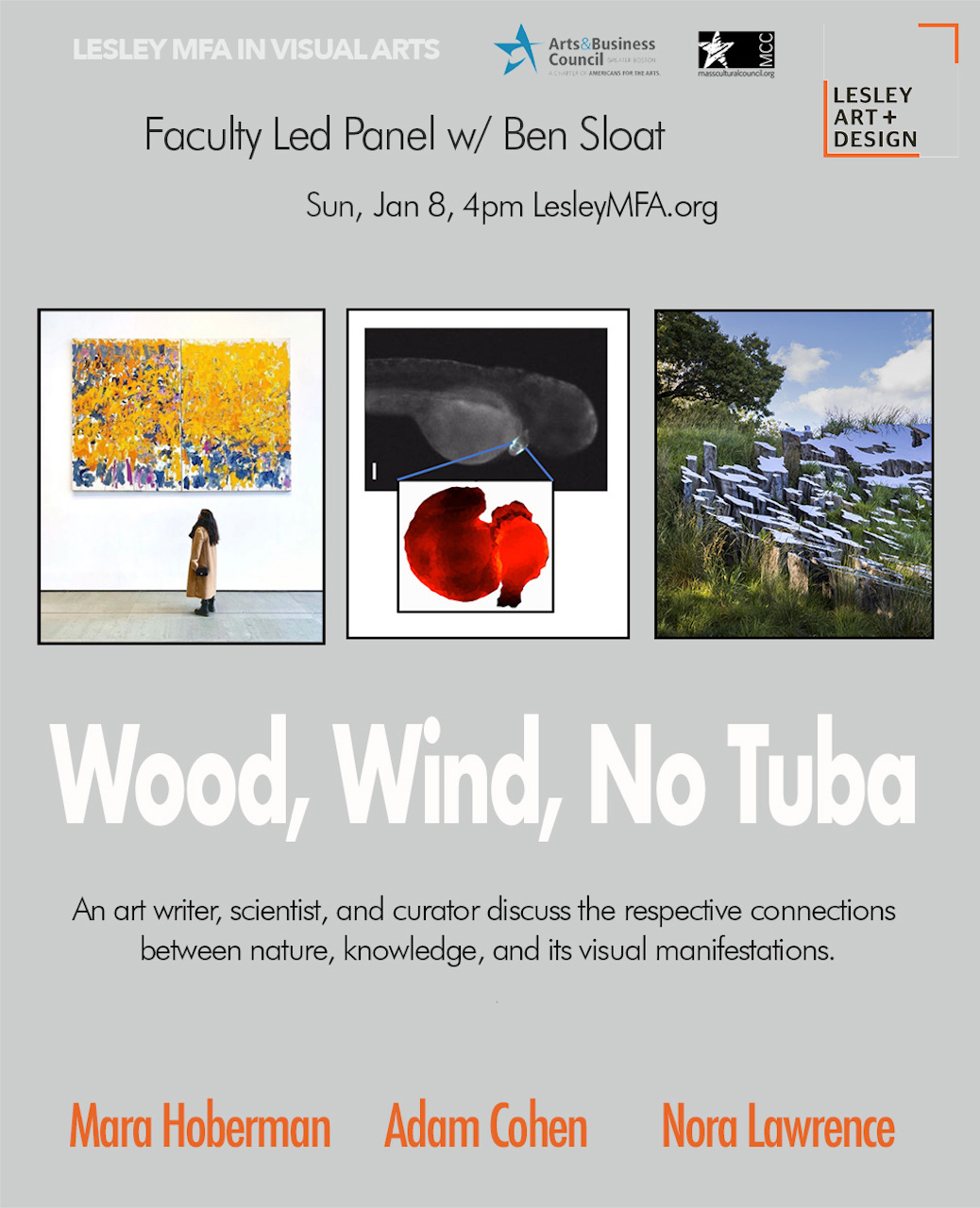 A gray poster advertising the Wood, Wind, No Tuba Faculty discussion, with three images in the middle of the page; furthest left is a woman looking at a yellow piece of art, the middle is a black and white photograph with a red colorized version below it, and the furthest right is a photograph of a landscape with rocks that come out of the ground that are reflecting the sky. 