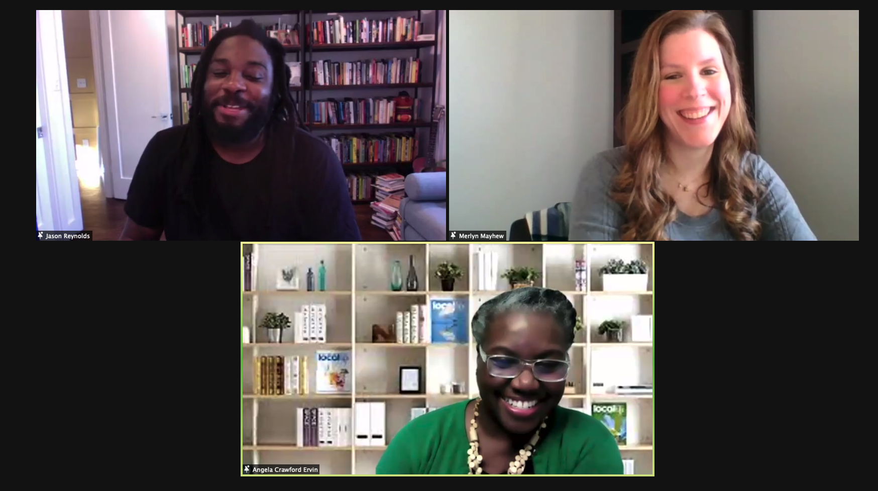 Zoom screenshot of Jason Reynolds with Merlyn Mayhew and Angela Crawford Ervin