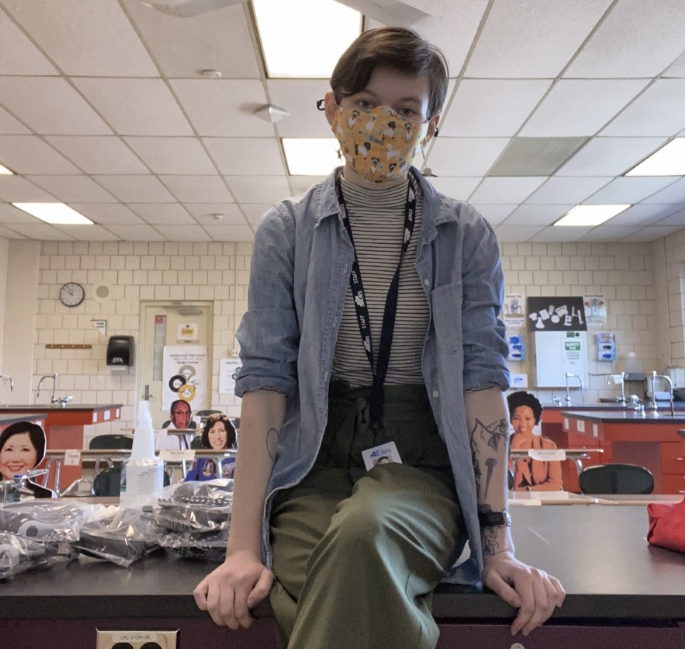 Katie Walsh wears a mask in Lesley's chemistry lab