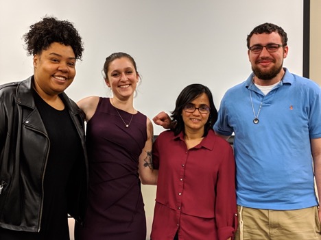 Panelists pose for a group photo: Lesley Ells, Mia DePaolo, Najifa Tanjeem and Kasriel Linzer. 