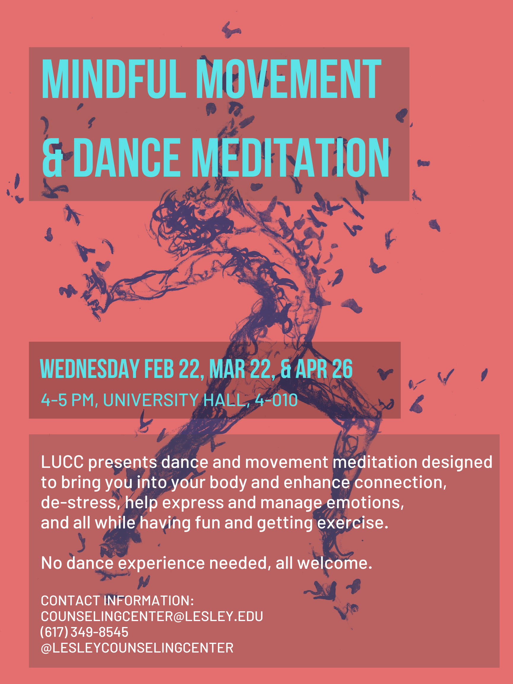 A poster advertising "Mindful Movement and Dance Meditation" for everyone. Red background with an illustration of a dancer in dark blue underneath blue text.