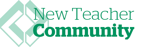 A white poster with the words "New Teacher Community" in green over the Lesley logo. 