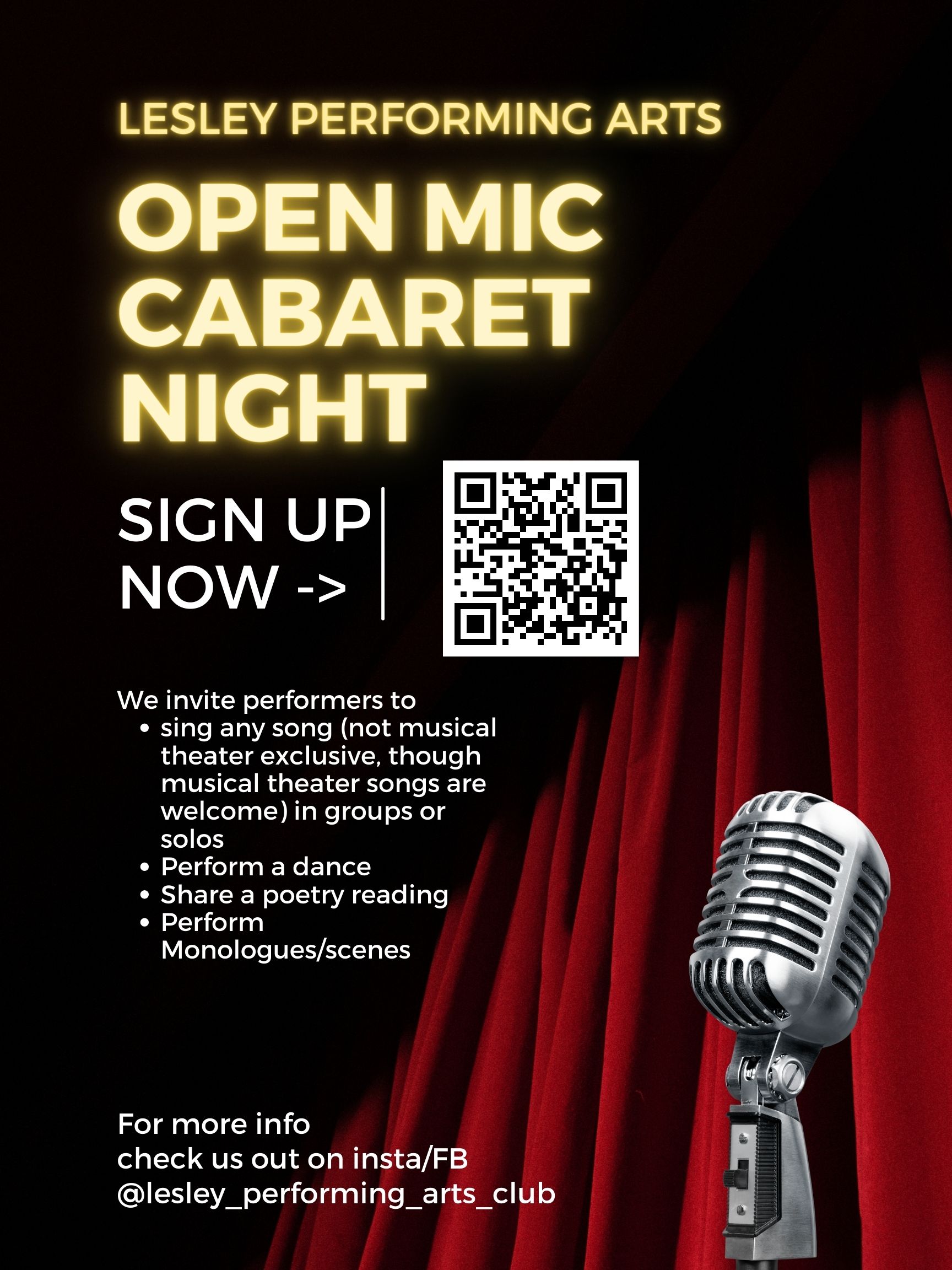 Open Mic Cabaret Night sign up poster with QR code.