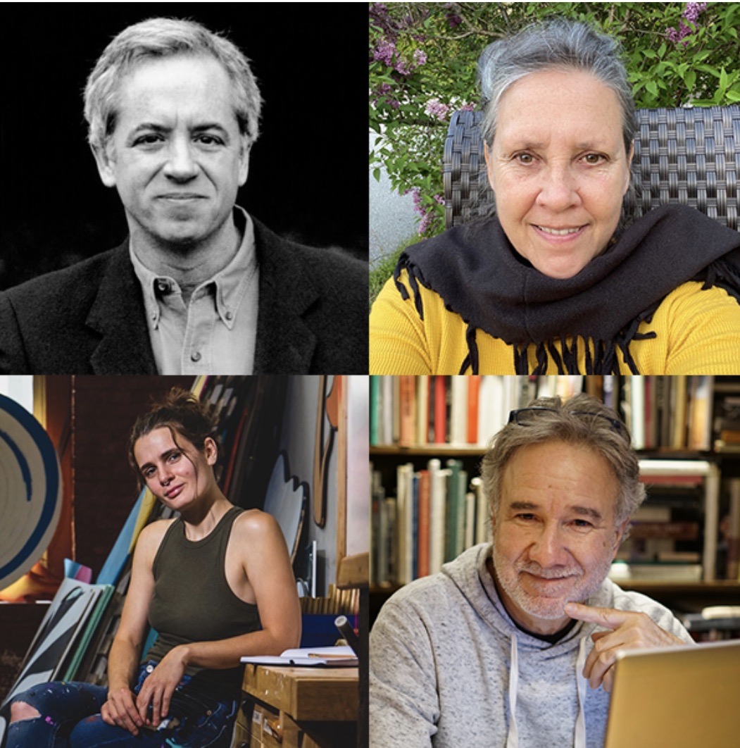 Two by two grid of headshots: Top left is a black and white photo of a man, top right is a color photo of a woman in a black scarf, bottom left is a woman in a green dress, and bottom right is a man in a gray hoodie.