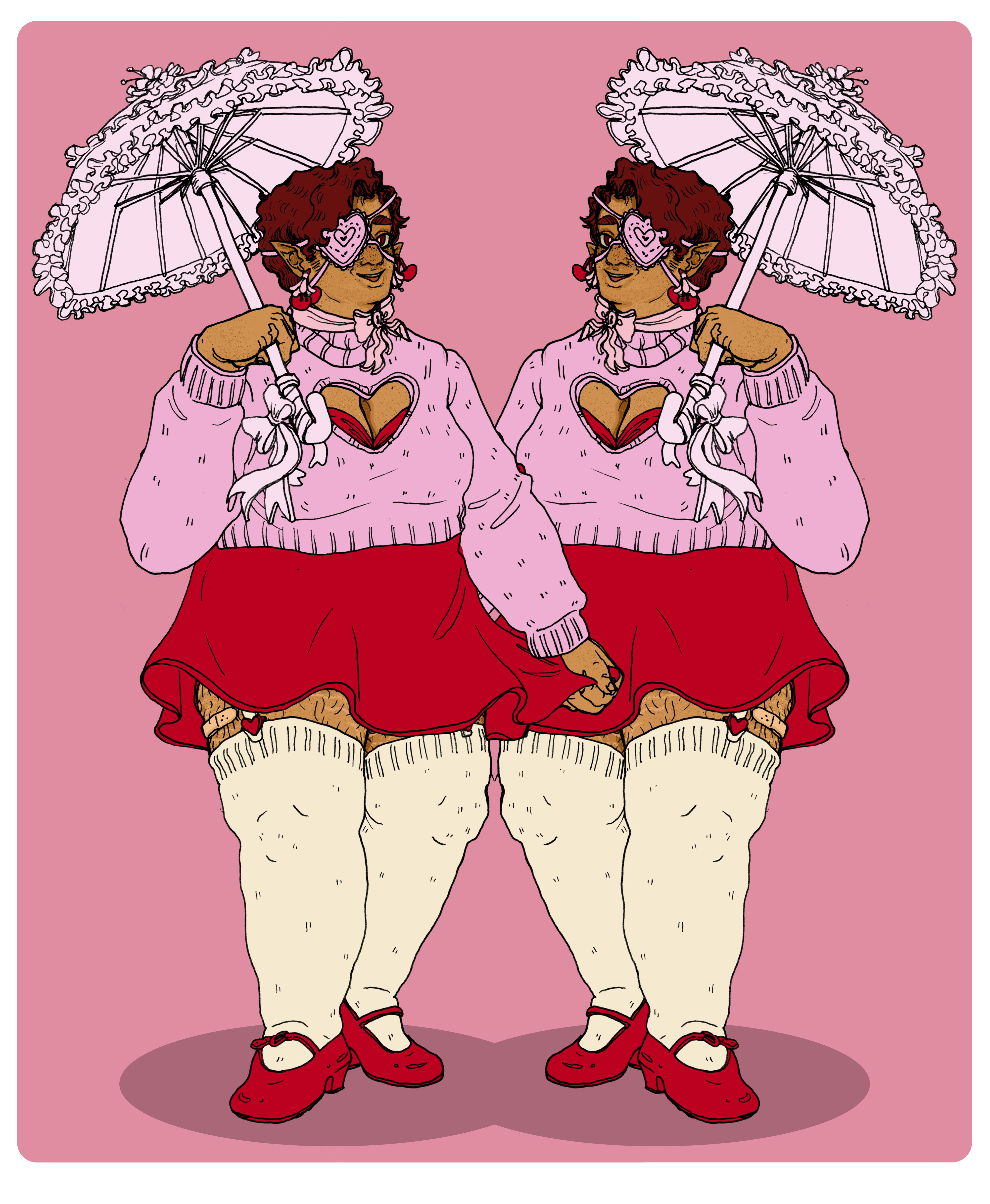 Image of 2 figures in pink and red clothing with heart eye patches and holding umbrellas