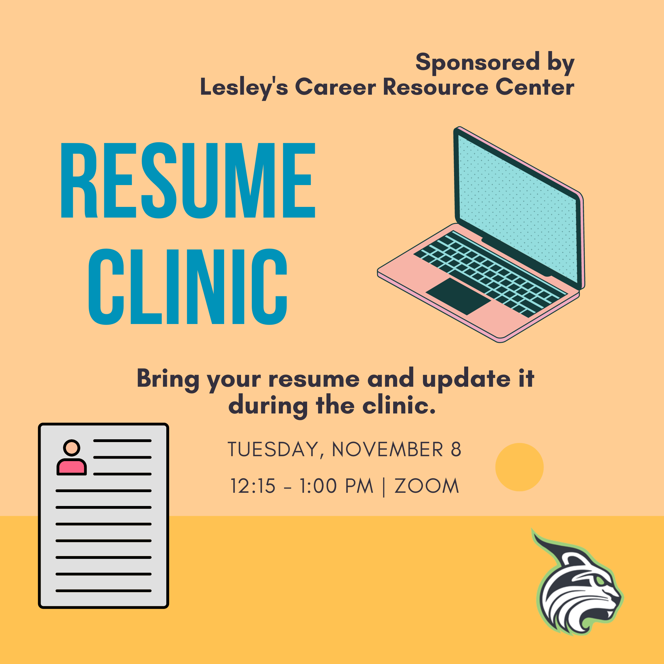 Resume clinic. Bring your resume and update it during the clinic. Square illustrated image with a computer and a shseet of paper.