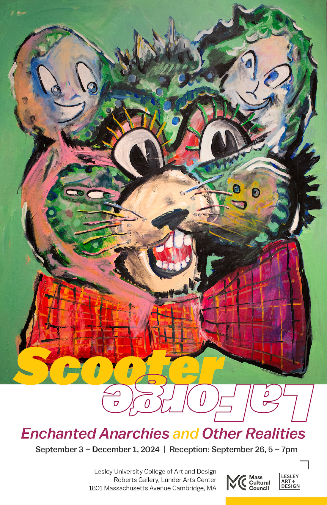 Flyer for art exhibit with colorful painting of a mouse