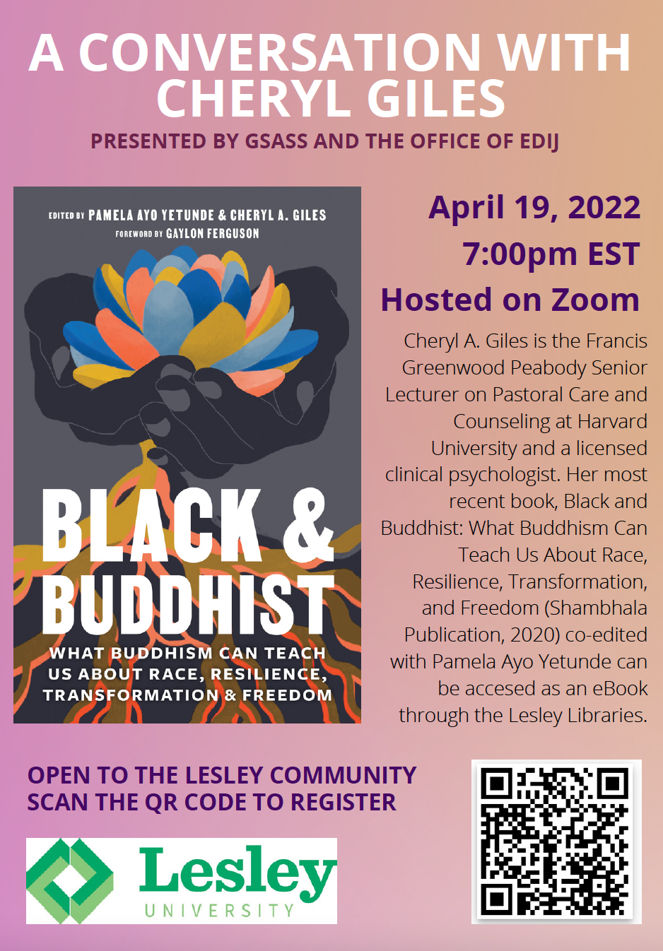 Event flyer for April 19th 2022 7-8pm lecture with Cheryl Giles open to the Lesley Community.