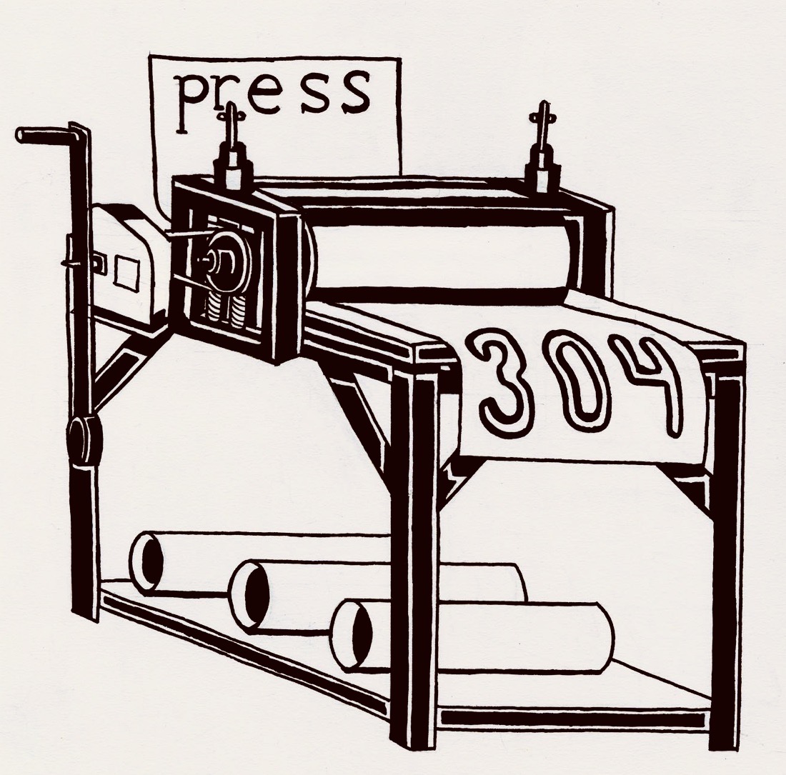 art of an old fashion printer with the words "Press 304" printed on the paper. 