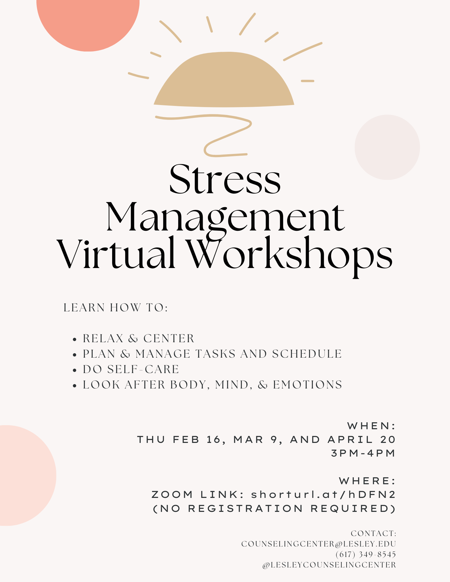 Stress Management Virtual Workshops flyer 