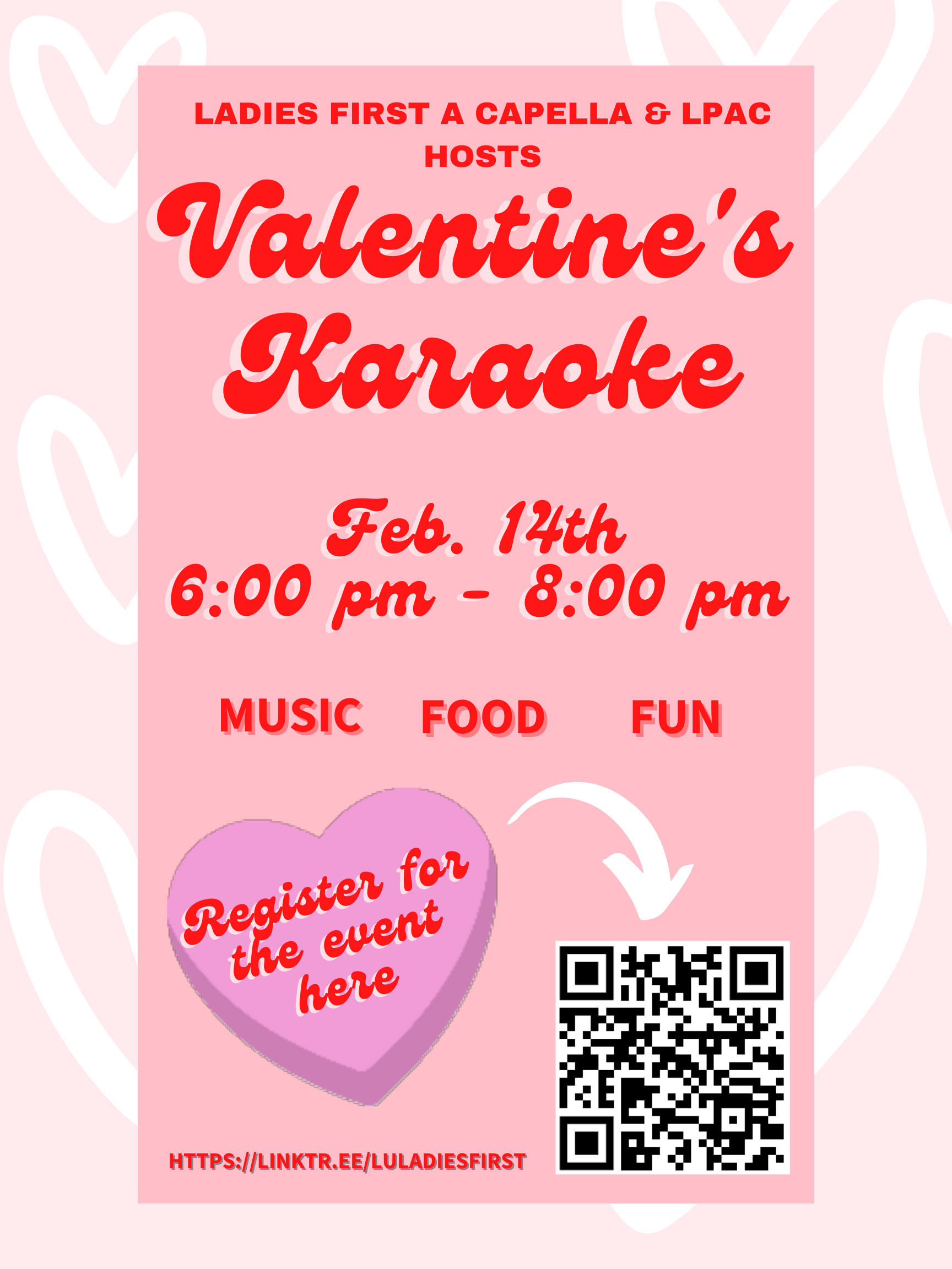 Poster for Valeninte's Karaoke. PInk with hearts on it.