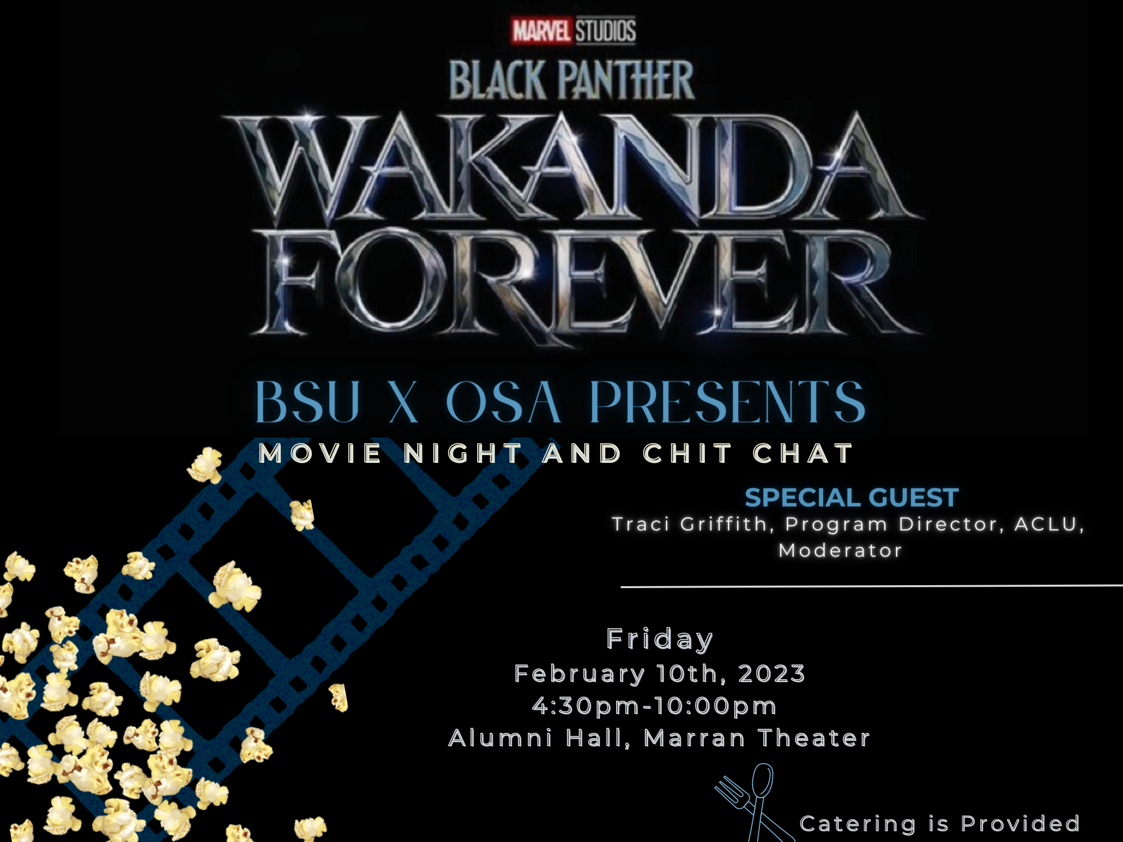 Wakanda Forever poster with black background, movie reels, and silver text. 