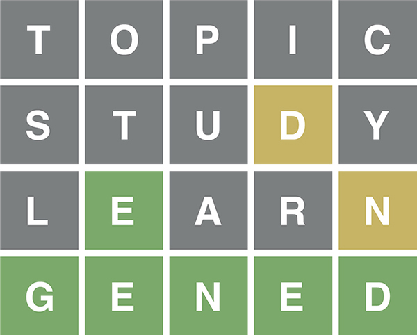 Wordle-themed graphic that reads, "TOPIC, STUDY, LEARN, GENED"