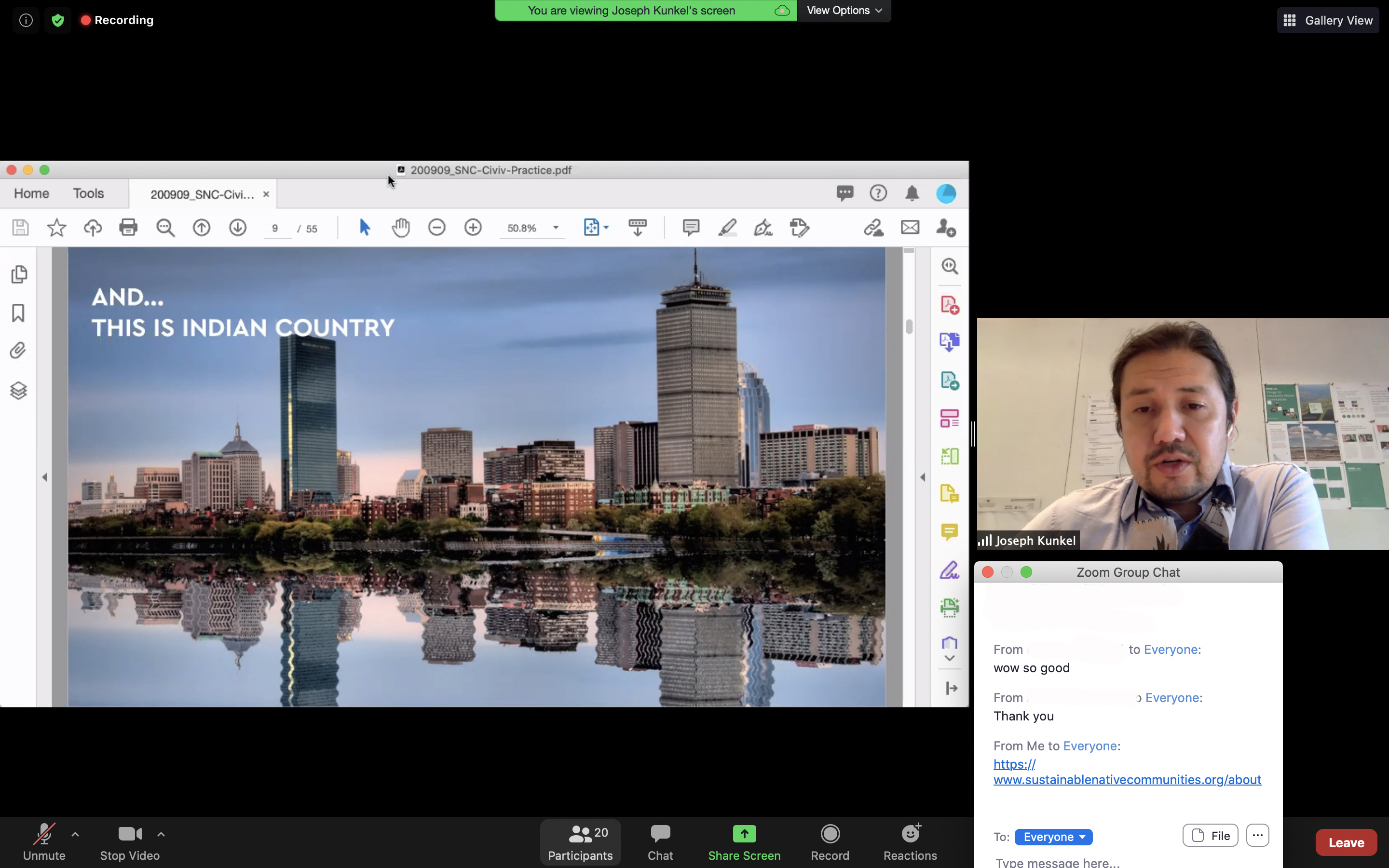 Zoom screenshot with Joseph Kunkel and photo of Boston that says "And... This is Indian Country"