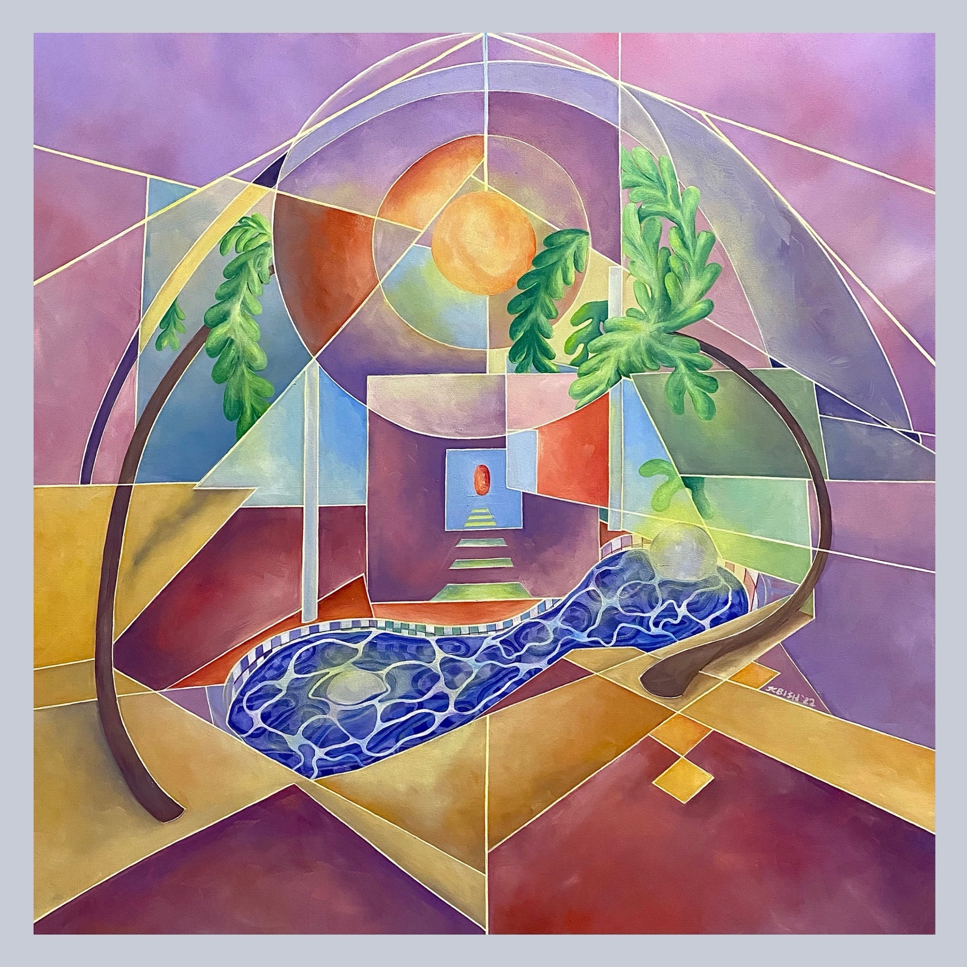 Artwork by Kelly Bishop showing a geometrical scene with leaves and water among purple, red, and yellow shapes.