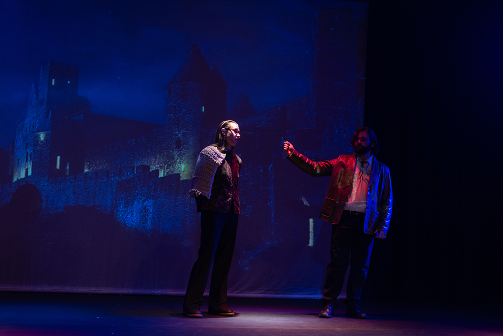 2 actors playing MacDuff and Macbeth on stage in Marran Theater during a dress rehearsal.