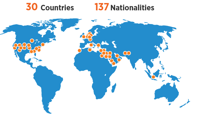 An infographic map of the world in blue.