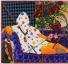 collaged painting of person sitting on couch covered in cloth and flowers