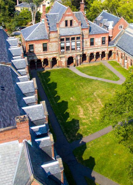 Aerial view of the paved walkways that cross Lesley's lawn.