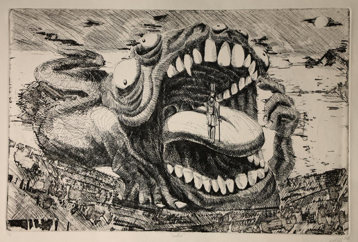 intaglio print of sea montser