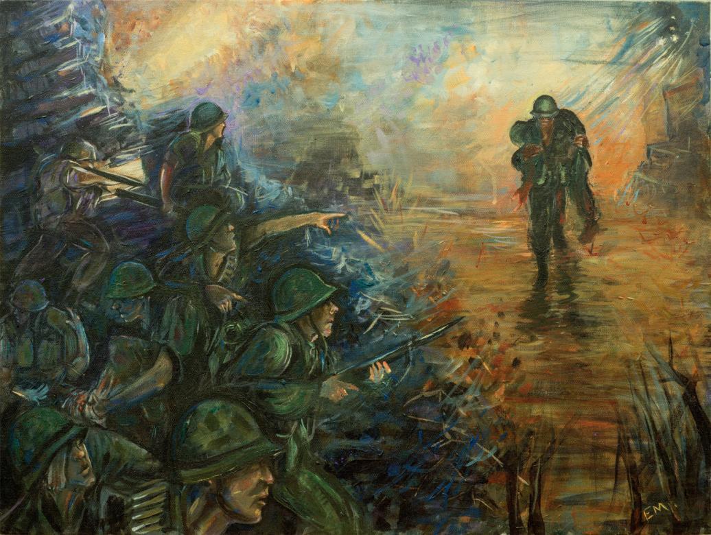 An acrylic painting in which one man is carrying another man with soldiers in front of him firing in battle.