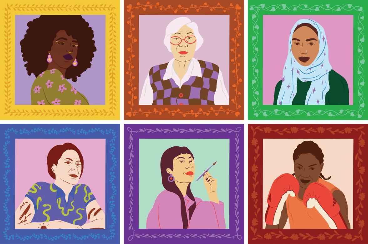 (First row) Yellow frame around a Black woman with an afro and yellow eyeliner; orange frame around a light-skinned elderly woman with red glasses and a checkered vest; green frame around an olive-skinned woman with a light blue hijab and a dark green shirt. (Second row) Blue frame around a white woman with short auburn hair and arm tattoos; purple frame around a tan woman who carries a paintbrush and who has long, dark brown hair; red frame around a Black woman who holds her hands up in boxing gloves.