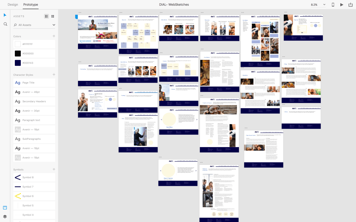 Screenshot of Amy's Adobe XD workspace that shows all of the web pages.