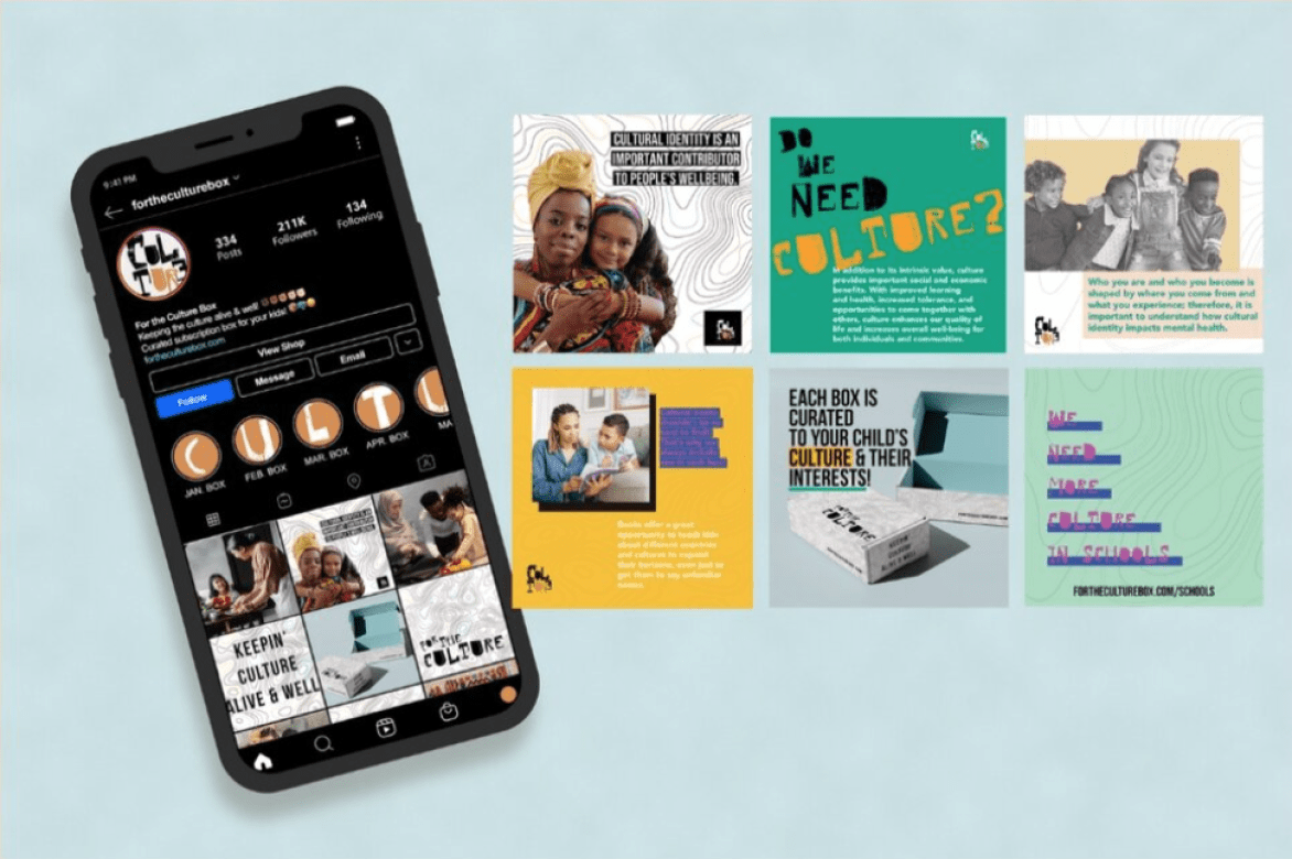 A phone open to the For the Culture instagram page. Next to the phone is a 2x3 grid of For the Culture instagram posts that advertise the subscription box and explain the importance of cultural identity.