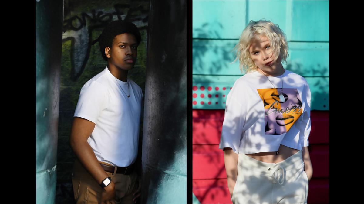 Two portraits of teenagers standing against a wall