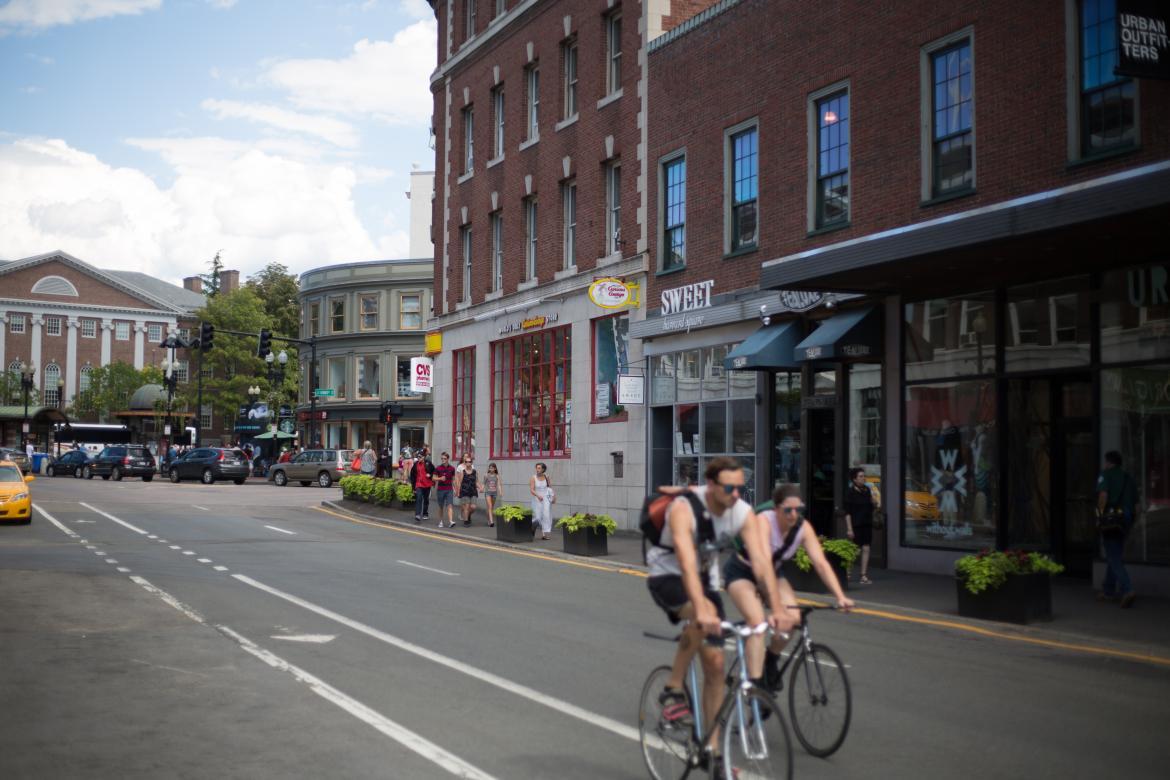 Bike rider in Harvard square on Massachusetts Avenue