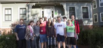 Group of Lesley University Threshold students standing in front of dorm