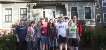 Group of Lesley University Threshold students standing in front of dorm